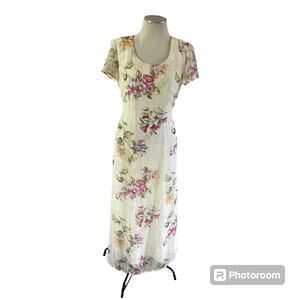 Vtg Y2K 2000s Floral Coquette Mesh Overlay Belted Maxi Dress Sz 8 Cottagecore